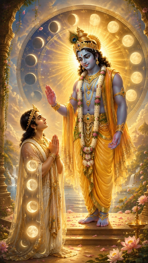 Kṛṣṇa, crowned with a peacock feather and dressed in yellow silk, raises His right hand in blessing over a kneeling figure who looks up with folded palms; behind them an arch of the moon’s phases runs from thin crescent to full, with lotuses, petals and an oil lamp on the steps below.