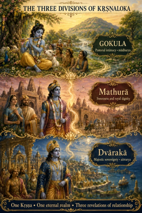 An illustrated chart titled The Three Divisions of Kṛṣṇaloka, in three stacked panels. Gokula, labelled pastoral intimacy and mādhurya, shows Kṛṣṇa playing the flute beneath a tree among cows, cowherd boys and gopīs with a hill and river behind. Mathurā, labelled sweetness and royal dignity, shows him crowned and richly dressed as a prince before a temple city with chariots at its gate. Dvārakā, labelled majestic sovereignty and aiśvarya, shows him enthroned in a marble palace with his queens above a golden maritime city and its ships. The footer reads: one Kṛṣṇa, one eternal realm, three revelations of relationship.