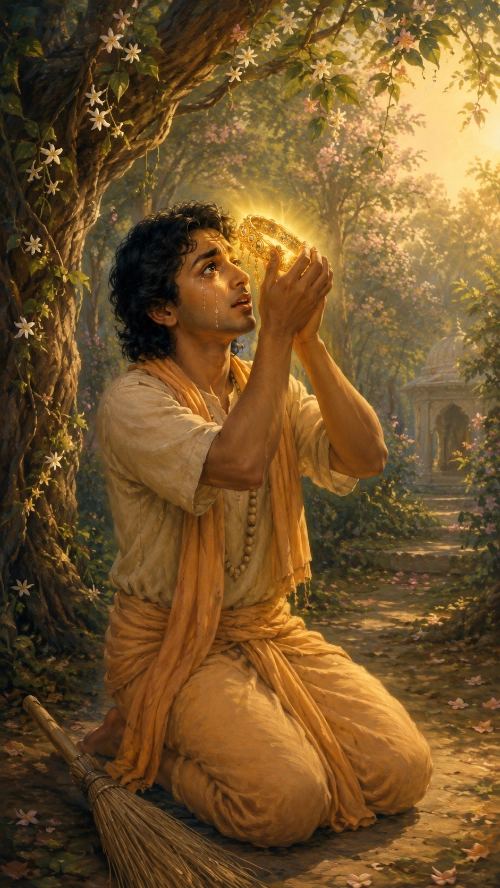 Kṛṣṇadāsa kneeling in a flowering kuñja with tears on his face, raising a glowing golden anklet to his forehead, his sweeping broom lying on the path beside him