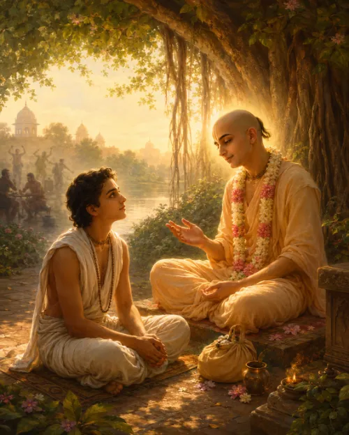 An elderly Vaiṣṇava seated beneath a banyan at sunset speaks with an open hand to a young man sitting before him on the temple steps; across the river behind them a crowd of indistinct figures carouses in the dusk, while flowers, a cloth bundle, a water pot and a small lamp rest between the two.