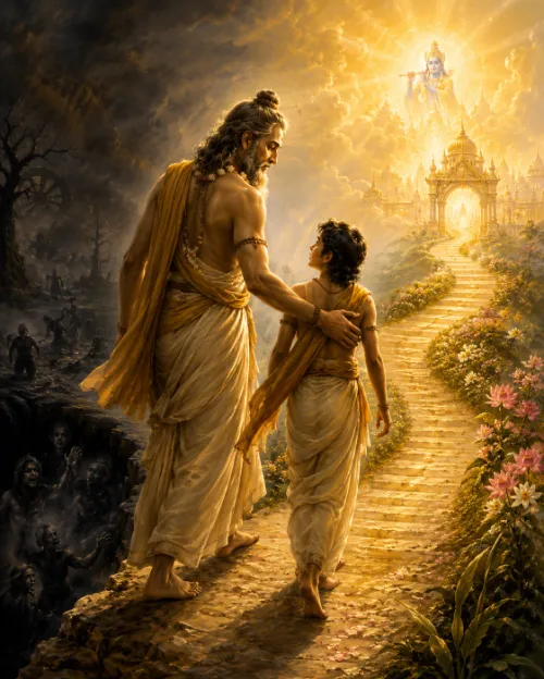 An elderly teacher with long grey hair and a saffron shawl climbs a bright, flower-lined stone stairway, one hand resting on the shoulder of a young disciple walking beside him. The path rises toward a golden temple gateway beneath radiant clouds, where a small four-armed figure of Viṣṇu appears. To the left the ground falls away into a dark barren ravine where indistinct figures reach upward from the shadows.