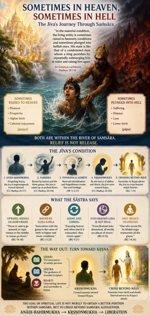 An infographic in five panels titled “Sometimes in Heaven, Sometimes in Hell — The Jīva's Journey Through Saṁsāra.” The top panel quotes Caitanya-caritāmṛta Madhya 20.118 beside a painting of a crowned king pushing a struggling man down into a river, with a radiant celestial city on the left bank and a burning hellish landscape on the right; two boxes list “Sometimes raised to heaven — pleasure, prosperity, higher birth, celestial enjoyment (puṇya)” and “Sometimes plunged into hell — suffering, disease, loss, lower birth (pāpa),” above the line “Both are within the river of saṁsāra. Relief is not release.” The second panel, “The Jīva's Condition,” shows five silhouetted figures in sequence: anādi-bahirmukha, saṁsāra, viparyaya and asmṛti, kṛṣṇonmukha, and crossing beyond māyā, each with its verse reference. The third, “What the Śāstra Says,” gives five circular icons with quotations from Bhagavad-gītā 14.18, 13.22, 9.21, 8.16 and 14.26. The fourth, “The Way Out: Turn Toward Kṛṣṇa,” shows a sage teaching a student, with sādhu, śāstra and bhakti leading through kṛṣṇonmukha to a figure walking toward Kṛṣṇa in radiant light. The footer reads: “The goal of spiritual life is not merely to obtain a better position within saṁsāra, but to cross beyond saṁsāra altogether — anādi-bahirmukha to kṛṣṇonmukha to liberation.”