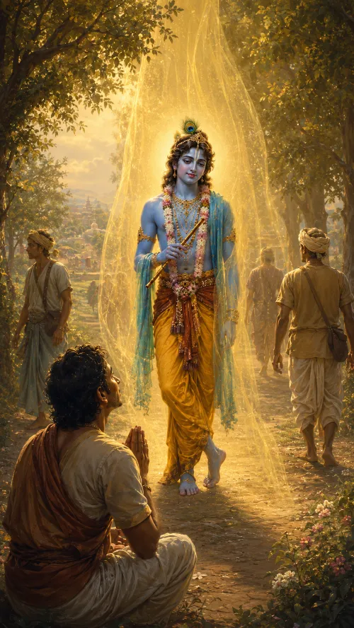 Kṛṣṇa walks a village path in a yellow dhotī, peacock crown and flower garlands, holding His flute, wrapped in a veil of golden light. A devotee kneels in the foreground with palms joined, gazing up at Him, while other passers-by continue along the path without noticing, one of them faint and translucent. Trees arch overhead and a town lies in the valley beyond.
