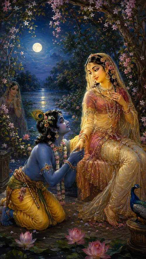 Kṛṣṇa kneeling before Śrī Rādhā in a moonlit forest bower on the Yamunā bank, holding her hand as he adorns her; she sits richly ornamented in red and gold, a sakhī watches from among the flowering creepers, and lotuses float in the water before them.