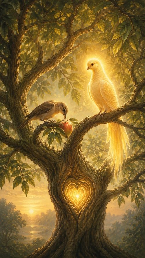 Two birds on one tree: a small brown bird pecking at a red fruit on a lower branch, and a larger luminous golden bird perched above watching it, with a glowing heart-shaped hollow in the trunk between them and a sunlit river beyond.