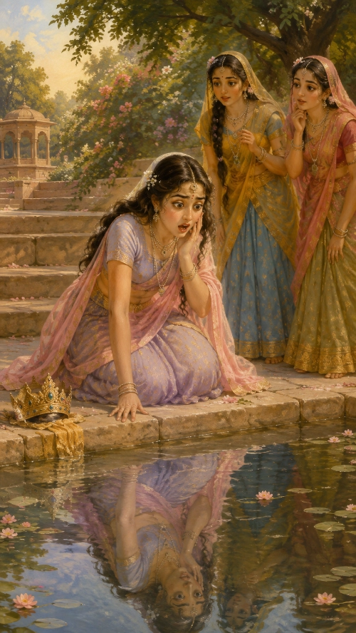 A young woman in lilac and rose kneels at the stone edge of a lotus pond, one hand raised to her cheek, staring in dismay at her own reflection in the water; a king’s crown lies discarded on the step beside her. Two gopīs in gold-trimmed sārīs watch from behind, and a domed pavilion stands among flowering trees across the water.