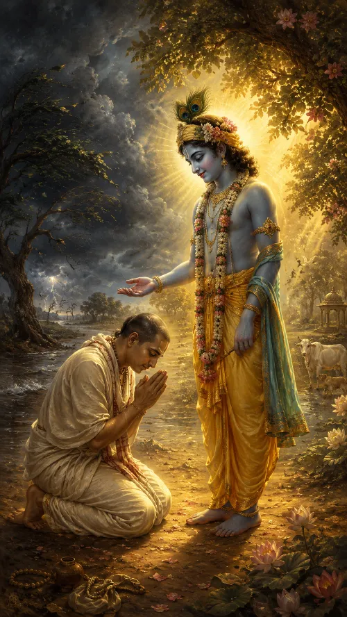 A devotee in white kneels with folded hands before Kṛṣṇa, who extends a hand over him in blessing; a storm breaks behind the devotee while golden light falls on Kṛṣṇa’s side, and the devotee’s belongings lie set down on the ground.