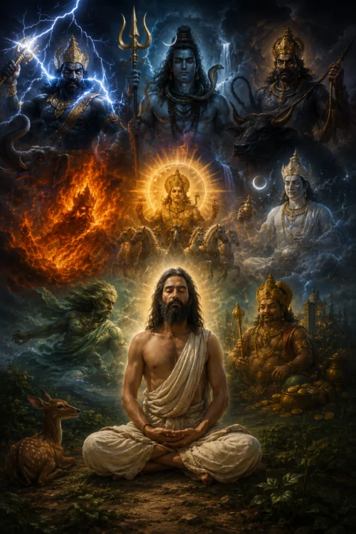 A serene ascetic sits in meditation with a deer beside him, encircled by the great gods of the verse — Indra with his thunderbolt, Śiva with his trident, Yama with his staff, Agni in flame, Sūrya on his horse-drawn chariot, and Kubera amid his gold.