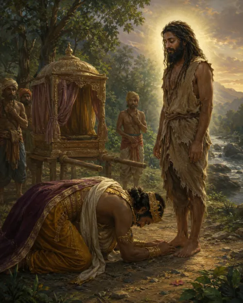 A king in golden royal dress lies prostrate at the feet of a ragged ascetic haloed in light, his abandoned palanquin and bearers behind him beside a forest river.