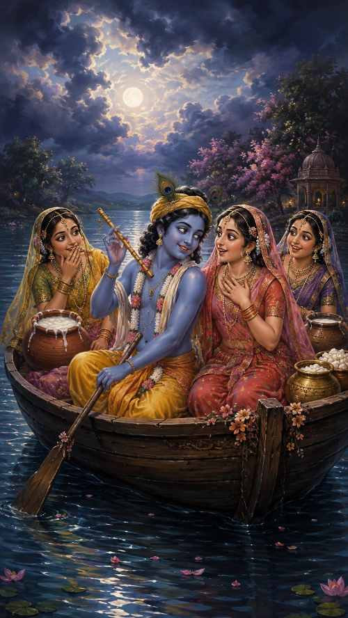 Kṛṣṇa seated in a wooden boat holding His flute, surrounded by gopīs with their pots of butter and yogurt, beneath a moonlit sky of parting clouds
