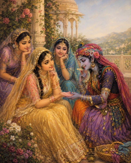 Four young women seated on a marble terrace among roses. Three gopīs in gold, lilac and blue lean in to watch as a blue-skinned figure on the right, dressed in an ornate purple and orange fortune-teller’s costume with a peacock feather at the brow, holds the upturned palm of the woman in gold as if reading it. A domed pavilion stands behind, hills beyond, and a basket rests in the foreground.