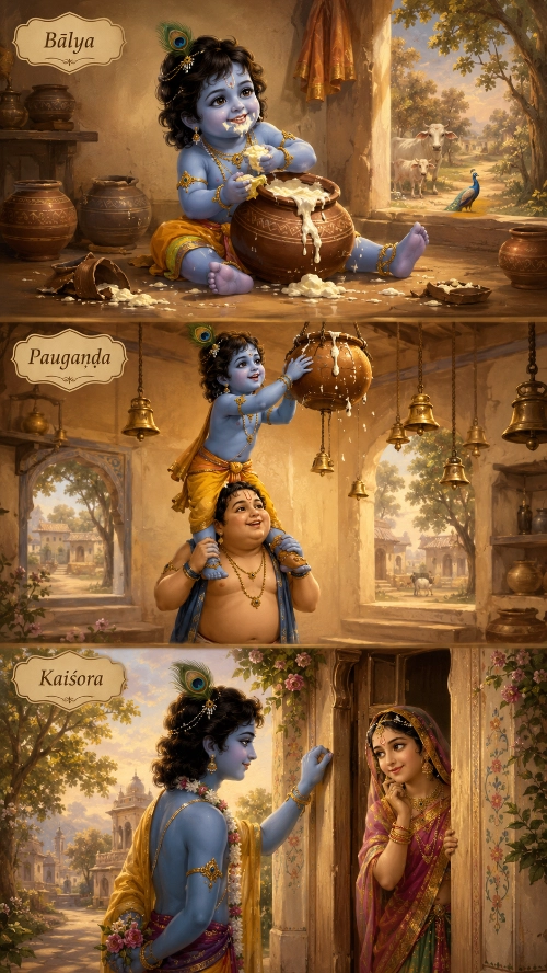 A three-panel painting of Kṛṣṇa's Vraja childhood. Top, labelled Bālya: the infant Kṛṣṇa sits on a courtyard floor with his hands in a large clay pot of butter, his face smeared, a broken pot and spilled butter beside him. Centre, labelled Paugaṇḍa: the boy Kṛṣṇa stands on the shoulders of his companion Madhumaṅgala to reach a milk pot hung from the ceiling among rows of brass bells. Bottom, labelled Kaiśora: the adolescent Kṛṣṇa, garlanded and crowned with a peacock feather, stands at a doorway where Rādhā leans against the frame with her cheek on her hand.