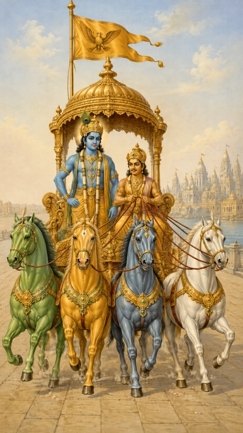 Kṛṣṇa standing in His golden domed chariot beneath a Garuḍa banner, with the charioteer Dāruka holding the reins, drawn by four horses — one green, one golden-tawny, one cloud-grey and one white — along a stone quay before the spires of Dvārakā.