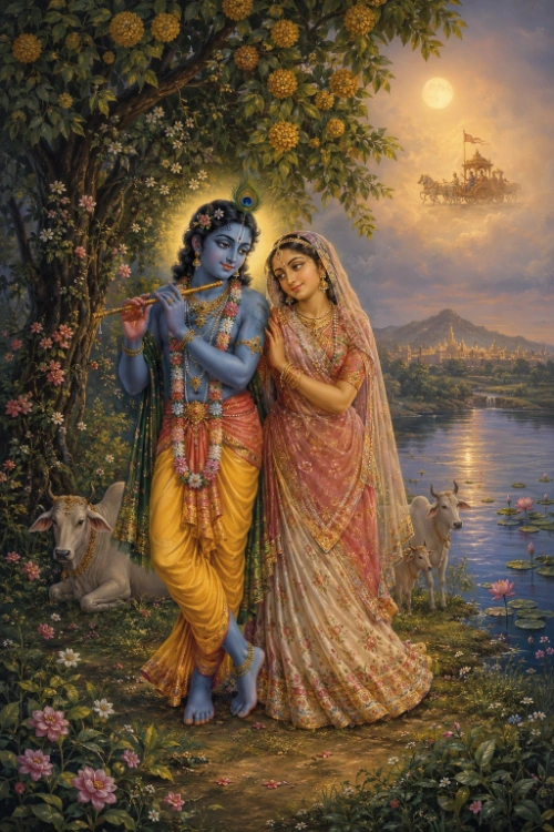A devotional painting of Kṛṣṇa and Rādhā standing together beneath a flowering kadamba tree heavy with golden blossoms. Kṛṣṇa, blue-skinned, wears a peacock feather and a yellow dhotī and plays the flute; Rādhā, in a rose and cream sārī with gold ornaments, leans against his shoulder with one hand resting on his arm. A white cow lies at their feet and another stands at the water’s edge. Behind them the Yamunā opens out with pink lotuses, and beyond it a distant golden city rises against low hills. In the sky at upper right, beneath a full moon, a horse-drawn chariot flying a red banner travels away through the clouds toward that city.