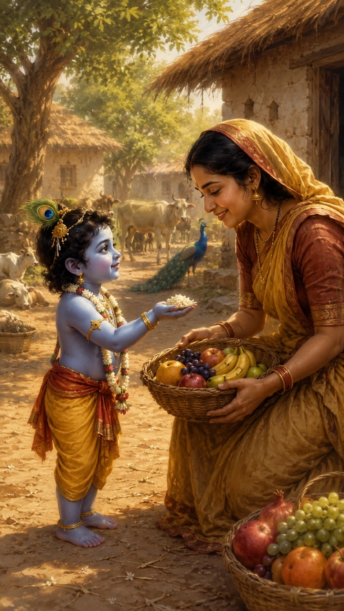 Baby Kṛṣṇa holding out a small handful of rice in his palm to a smiling fruit seller kneeling with her basket, cows and a peacock in the Vraja village behind them