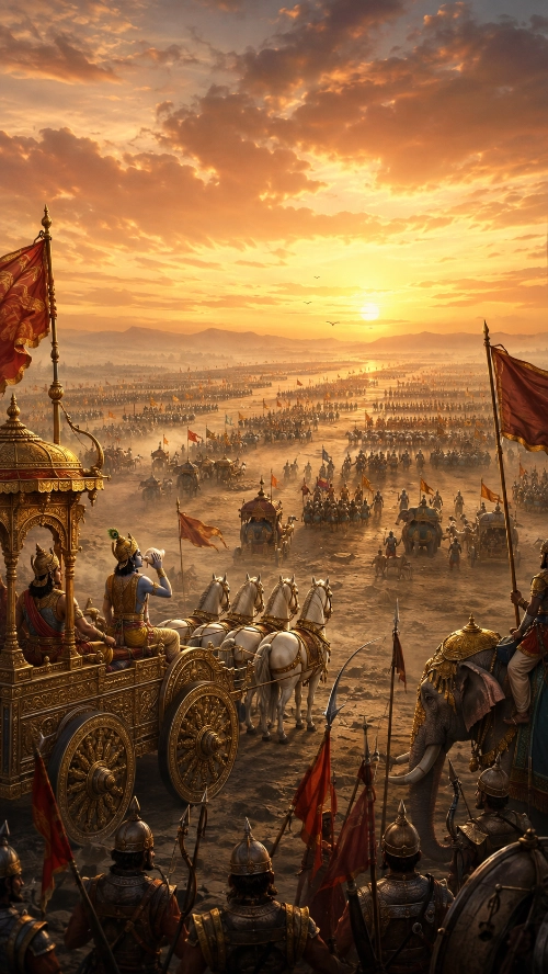 The Kurukṣetra battlefield at sunrise seen from behind a golden chariot drawn by four white horses, with the blue-skinned charioteer beside a crowned warrior; ranks of chariots, elephants, cavalry and banner-bearing infantry stretch through dust and low sun to the horizon.