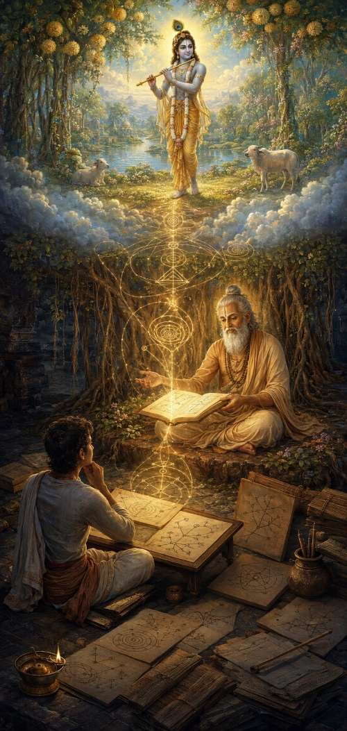 A vertical devotional painting in warm golden light. At the top Kṛṣṇa stands playing the flute in a luminous Vraja landscape of flowering trees, a still river and grazing cows, framed by banks of cloud. From him a thin stream of golden light descends, carrying glowing geometric and orbital diagrams, down through the clouds to an open illuminated manuscript lying in the lap of an elderly sage seated beneath a banyan tree, its aerial roots hanging behind. The sage wears ochre cloth and prayer beads, with one hand open in explanation. Below, on a dark stone floor, a young student sits with one hand raised to the chin in thought, surrounded by scattered leaves of paper covered in drawn diagrams and circles, a brass inkpot holding pens, and a small lit ghee lamp.