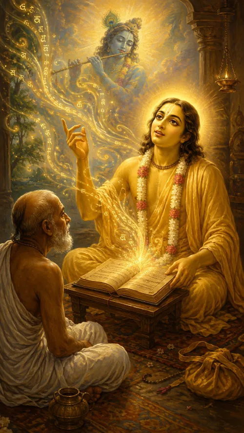 Śrī Caitanya Mahāprabhu, golden-complexioned and haloed, sits in saffron cloth with a flower garland and tilaka before an open palm-leaf manuscript on a low carved bookstand, His right hand raised with one finger extended in the gesture of explanation and His gaze lifted upward in absorption. Streams of luminous Devanāgarī syllables rise from the open pages and spiral upward, resolving at the top into a small figure of Kṛṣṇa playing the flute, crowned with a peacock feather. An elderly bearded scholar in white sits on the floor below, listening. A brass oil lamp hangs at the right; a water pot, a cloth bundle and japa beads rest on the patterned carpet.