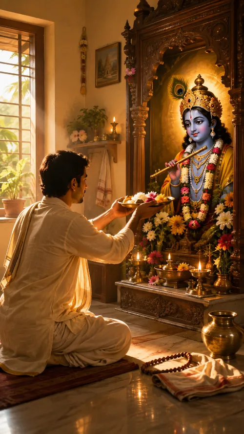 A man kneels on a mat before a carved home altar and holds up a tray of food to a garlanded deity of Kṛṣṇa playing the flute; ghee lamps and flowers stand on the altar steps, japa beads and a water pot rest on the floor beside him, and morning light comes through a shuttered window.