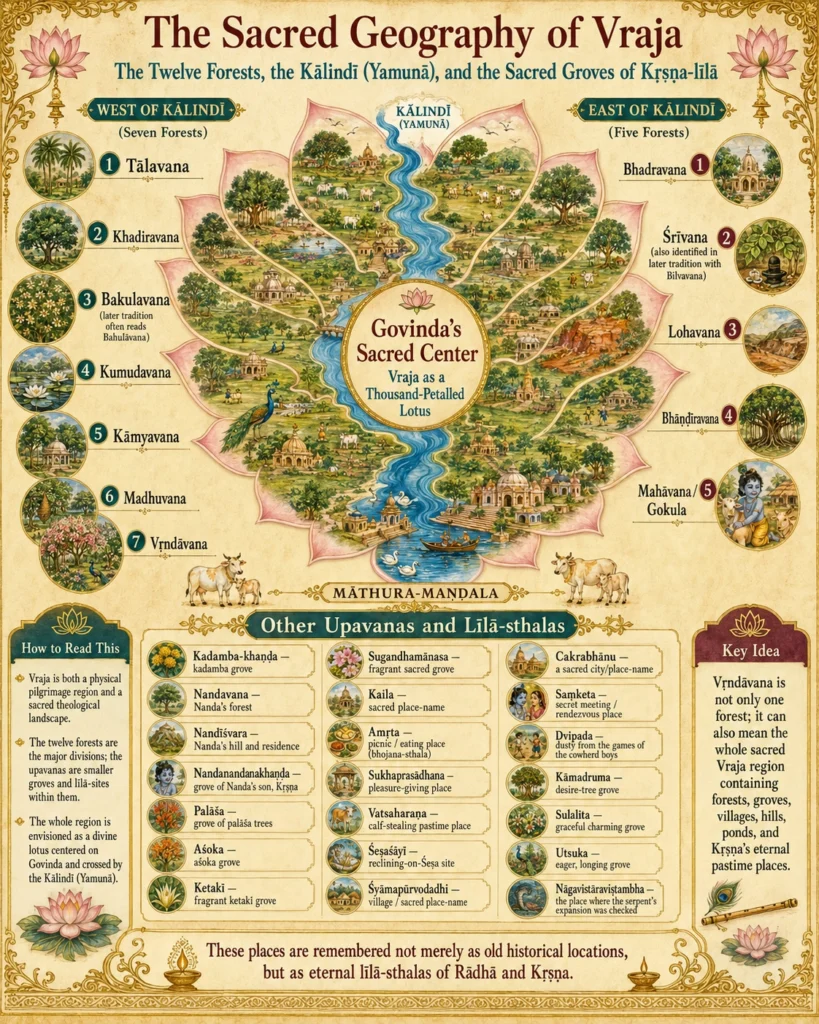 An illustrated chart titled The Sacred Geography of Vraja. A painted lotus fills the centre, the Kālindī or Yamunā winding through its petals, with Govinda's Sacred Center at the heart and Māthura-maṇḍala named below. A left column lists the seven forests west of the Kālindī — Tālavana, Khadiravana, Bakulavana, Kumudavana, Kāmyavana, Madhuvana and Vṛndāvana — and a right column the five to the east: Bhadravana, Śrīvana, Lohavana, Bhāṇḍīravana and Mahāvana or Gokula, each with a painted vignette. A lower band lists twenty-one other upavanas and līlā-sthalas with short glosses, beside panels headed How to Read This and Key Idea.