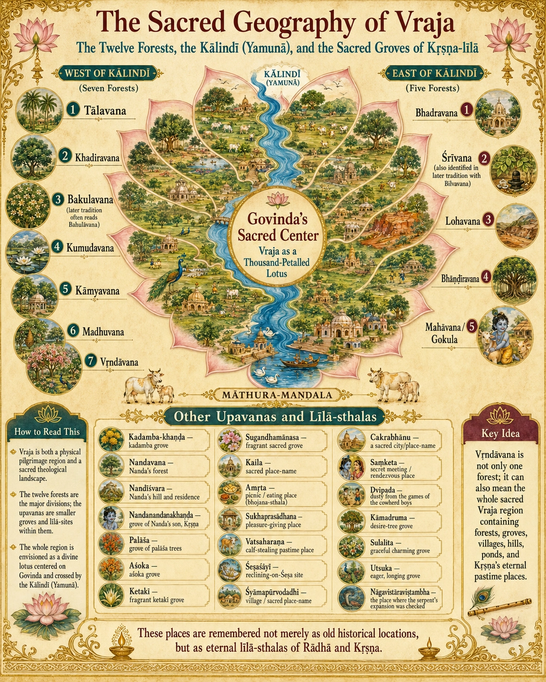 An illustrated chart titled The Sacred Geography of Vraja. A painted lotus fills the centre, the Kālindī or Yamunā winding through its petals, with Govinda's Sacred Center at the heart and Māthura-maṇḍala named below. A left column lists the seven forests west of the Kālindī — Tālavana, Khadiravana, Bakulavana, Kumudavana, Kāmyavana, Madhuvana and Vṛndāvana — and a right column the five to the east: Bhadravana, Śrīvana, Lohavana, Bhāṇḍīravana and Mahāvana or Gokula, each with a painted vignette. A lower band lists twenty-one other upavanas and līlā-sthalas with short glosses, beside panels headed How to Read This and Key Idea.