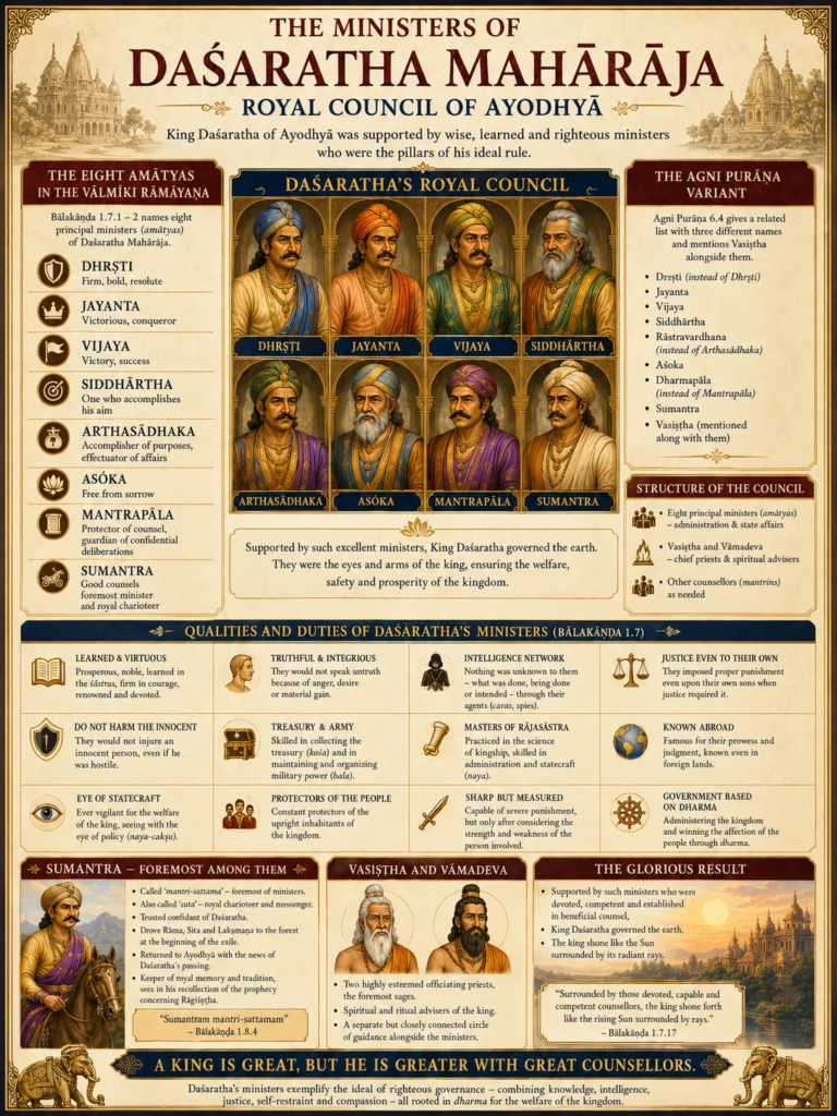 Infographic of Daśaratha Mahārāja’s royal council: the eight amātyas of the Vālmīki Rāmāyaṇa — Dhṛṣṭi, Jayanta, Vijaya, Siddhārtha, Arthasādhaka, Aśoka, Mantrapāla and Sumantra — with their portraits, twelve panels of ministerial qualities and duties, the Agni Purāṇa variant list, the structure of the council, and panels on Sumantra and on Vasiṣṭha and Vāmadeva.