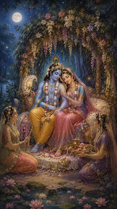 Rādhā and Kṛṣṇa seated together on a flower-strewn couch inside a moonlit bower hung with blossoming vines. Kṛṣṇa wears a yellow dhotī and a peacock crown; Rādhā leans against Him in rose and gold. Two mañjarīs kneel before Them, one at the left holding a flower fan and one at the right offering a tray with a golden vessel and blossoms. Lotuses float in a pool in the foreground beneath a full moon.