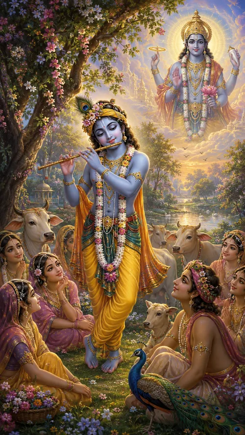 A devotional painting in two registers. In the foreground Kṛṣṇa stands beneath a flowering tree in Vraja, blue-complexioned, in a golden-yellow dhotī with a peacock feather in his hair and long garlands of flowers, playing his flute with eyes half closed. Gopīs in rose, yellow and violet sārīs sit on the grass around him, chins resting on their hands, gazing up; pale cows and a calf stand and lie among them, and a peacock rests in the foreground. Above, in a haze of golden cloud over a river and a distant temple, four-armed Nārāyaṇa appears haloed and crowned in a tall golden crown, holding a lotus and raising his hands, surrounded by radiance.