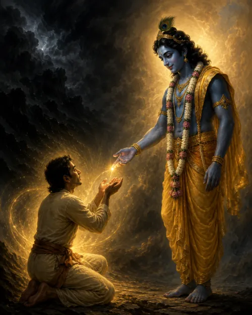 Kṛṣṇa places a small spark of light into the cupped hands of a man kneeling before him in white, storm clouds gathering on one side and golden light falling on the other.