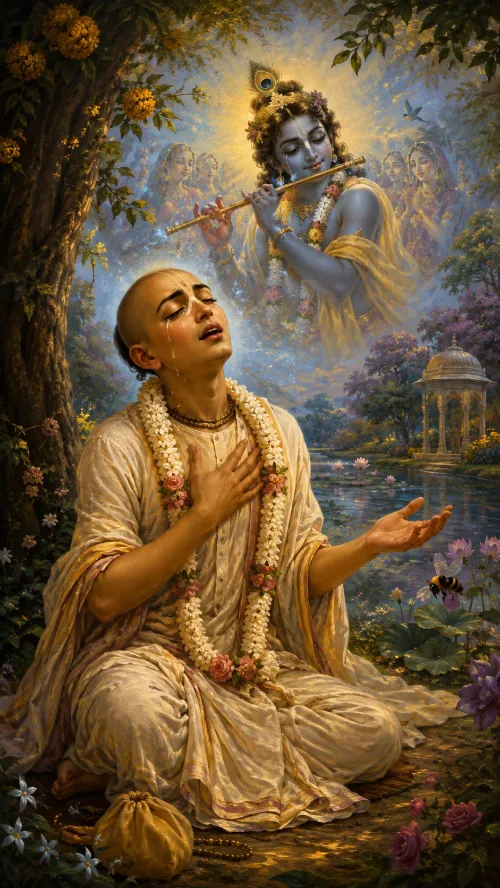 A devotional painting. A young devotee with a shaven head and śikhā, in cream cloth with a long garland of white flowers and pink roses, kneels on the grass beneath a great tree beside a lotus pond. Tears run down his cheek; his right hand rests on his heart and his left is opened outward toward a bumblebee hovering among the lotuses. Above and behind him, in a haze of golden light, Kṛṣṇa plays the flute, blue-complexioned, crowned with a peacock feather and garlanded with flowers, with the faces of gopīs gathered around him. A small white domed pavilion stands across the water; a cloth bundle and japa beads lie on the ground at the devotee's feet.