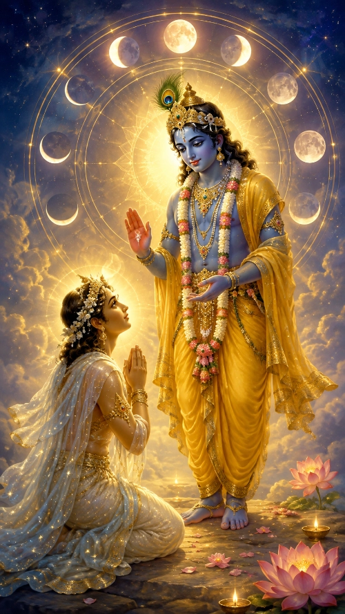 Kṛṣṇa in a yellow dhotī and peacock crown, garlanded with flowers, raises His right hand in blessing; a figure in a white and gold sārī kneels before Him with folded palms and upturned face. Behind them an arc of the moon’s phases crosses a night sky of golden cloud, with lotuses and a lamp on the ground below.