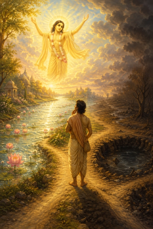 A man stands at a fork in the path: on one side a luminous river lined with lotuses and temple spires, on the other a barren track leading to a dark stagnant pit; above, Śrī Caitanya stands with arms raised in golden light.