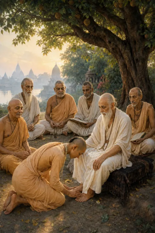 A young devotee kneels to serve the feet of an elderly Vaiṣṇava seated on a low āsana beneath a spreading tree, five other elderly Vaiṣṇavas seated around them with scriptures in hand, temple spires and a river beyond in the morning light.