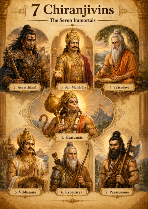 Poster of the seven Chiranjivins with Hanuman at the centre, surrounded by Ashvatthama, Bali Maharaja, Vyasadeva, Vibhishana, Kripacharya and Parashurama