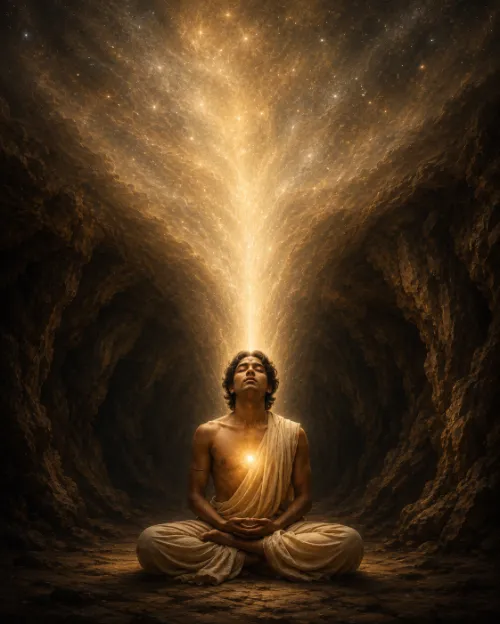 A man meditating in a dark cave with a single point of light at his heart, from which a column of light rises and opens into a star-filled expanse overhead.