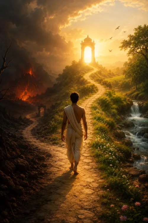 A devotional painting at sunset. A man in a white dhotī, seen from behind with a cloth over one shoulder, walks barefoot up a winding stone path toward a small domed temple gateway on a hill, through which golden light is pouring. To the left of the path the land is scorched and broken, with black rock, dead trees, rivers of lava and dim figures moving among the flames under heavy dark cloud. To the right the land is green and watered, with a stream falling over rocks, flowering shrubs, leafy trees and birds in a bright sky.