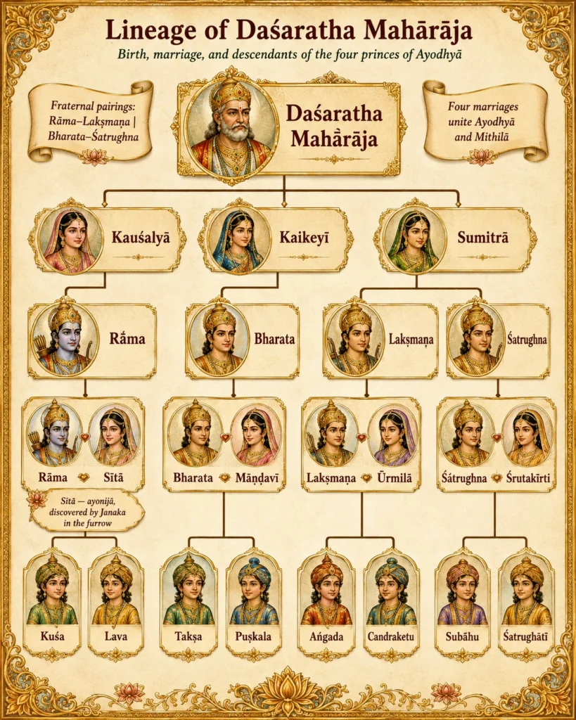 Lineage chart of Daśaratha Mahārāja: his three queens Kauśalyā, Kaikeyī and Sumitrā; the four princes Rāma, Bharata, Lakṣmaṇa and Śatrughna; their marriages to Sītā, Māṇḍavī, Ūrmilā and Śrutakīrti; and their eight sons Kuśa, Lava, Takṣa, Puṣkala, Aṅgada, Candraketu, Subāhu and Śatrughātī.