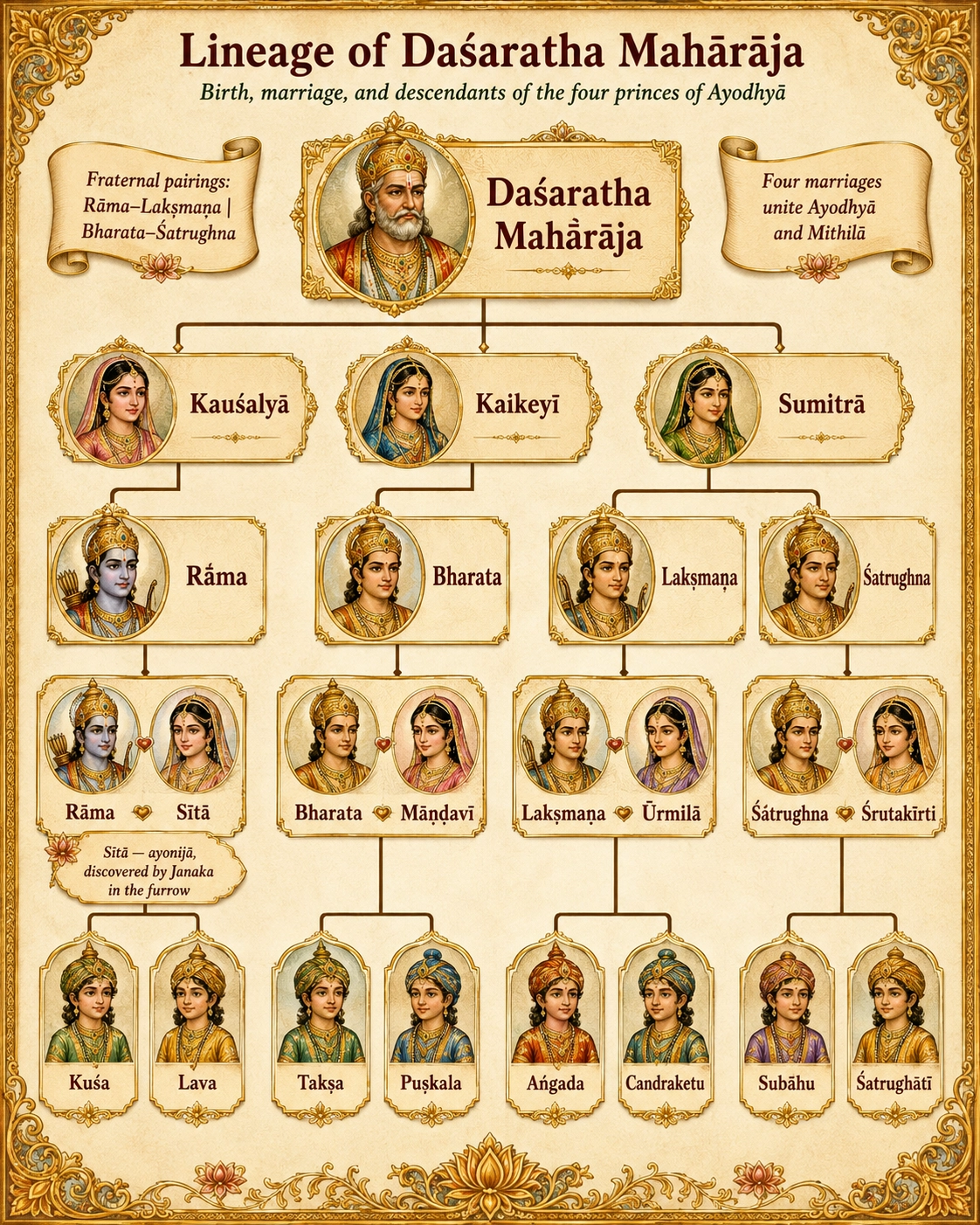 Lineage chart of Daśaratha Mahārāja: his three queens Kauśalyā, Kaikeyī and Sumitrā; the four princes Rāma, Bharata, Lakṣmaṇa and Śatrughna; their marriages to Sītā, Māṇḍavī, Ūrmilā and Śrutakīrti; and their eight sons Kuśa, Lava, Takṣa, Puṣkala, Aṅgada, Candraketu, Subāhu and Śatrughātī.