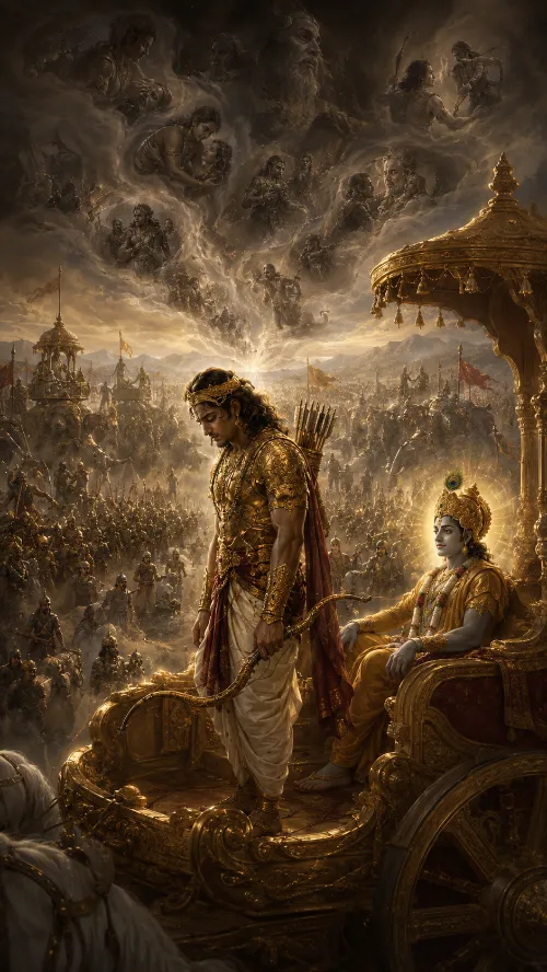 Arjuna stands with bowed head and lowered bow on his chariot while Kṛṣṇa sits calmly beside him, the armies of Kurukṣetra stretching to the horizon and the faces of kinsmen and teachers gathering in the storm clouds above.