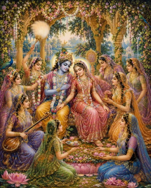Kṛṣṇa and Śrī Rādhā seated together on a lotus dais inside a flowering forest bower, surrounded by ten gopīs in richly coloured silks and gold ornaments: one waves a white cāmara fan, one plays a vīṇā, others offer garlands, a tray of flowers and a bowl, while peacocks and lotuses fill the foreground.