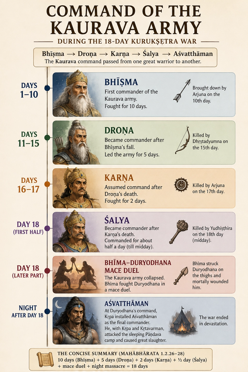 Timeline infographic titled “Command of the Kaurava Army during the 18-day Kurukṣetra war,” headed by the sequence Bhīṣma → Droṇa → Karṇa → Śalya → Aśvatthāmā. Six panels down a vertical line: Days 1–10, Bhīṣma, first commander, brought down by Arjuna on the 10th day; Days 11–15, Droṇa, killed by Dhṛṣṭadyumna on the 15th; Days 16–17, Karṇa, killed by Arjuna on the 17th; Day 18 first half, Śalya, killed by Yudhiṣṭhira at midday; Day 18 later part, the Bhīma–Duryodhana mace duel in which Bhīma struck Duryodhana on the thighs; and Night after day 18, Aśvatthāmā installed by Kṛpa as final commander, attacking the sleeping Pāṇḍava camp with Kṛpa and Kṛtavarman. A footer gives the concise summary from Mahābhārata 1.2.26–28.
