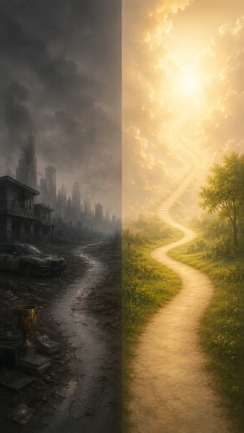 A vertical split image. On the left a ruined grey city under smoke-dark clouds, a derelict car and a cracked muddy track, with a golden trophy standing among rubble in the foreground. On the right a sunlit green meadow and trees, where a pale path winds away and climbs toward a radiant break in the clouds.