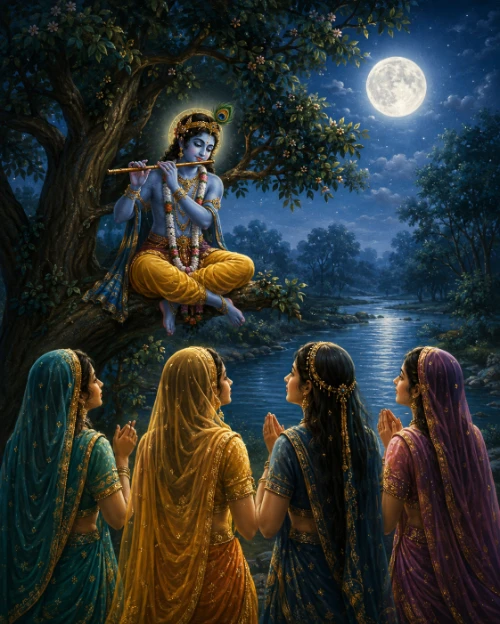 Kṛṣṇa seated on a branch of a kadamba tree on a moonlit night, blue-complexioned with a peacock feather and yellow dhotī, playing His flute; below Him four gopīs in green, gold, blue and violet sārīs stand with palms joined, looking up, while the full moon is reflected in the river behind them.
