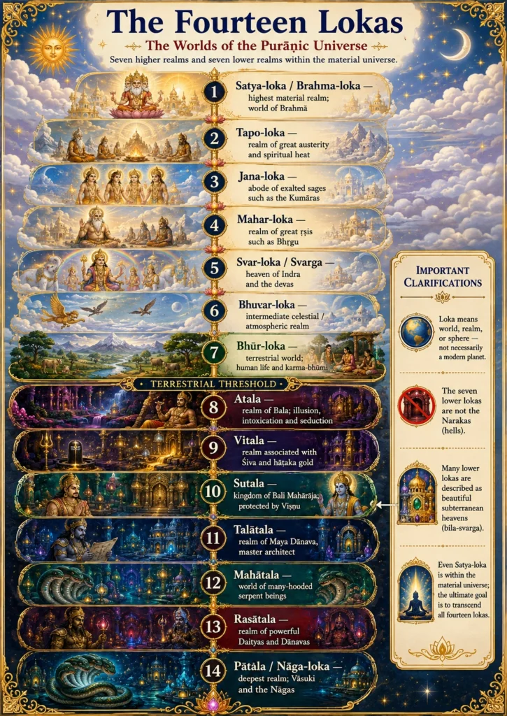 An illustrated chart titled The Fourteen Lokas, the Worlds of the Purāṇic Universe, numbering the realms 1 to 14 from Satya-loka at the top down to Pātāla at the foot, with a painted scene and a one-line description of the inhabitants of each. A terrestrial threshold divides Bhūr-loka from the subterranean seven, and a side panel of clarifications notes that loka means realm rather than planet, that the lower lokas are not the Narakas, that many are beautiful subterranean heavens, and that even Satya-loka lies within the material universe.