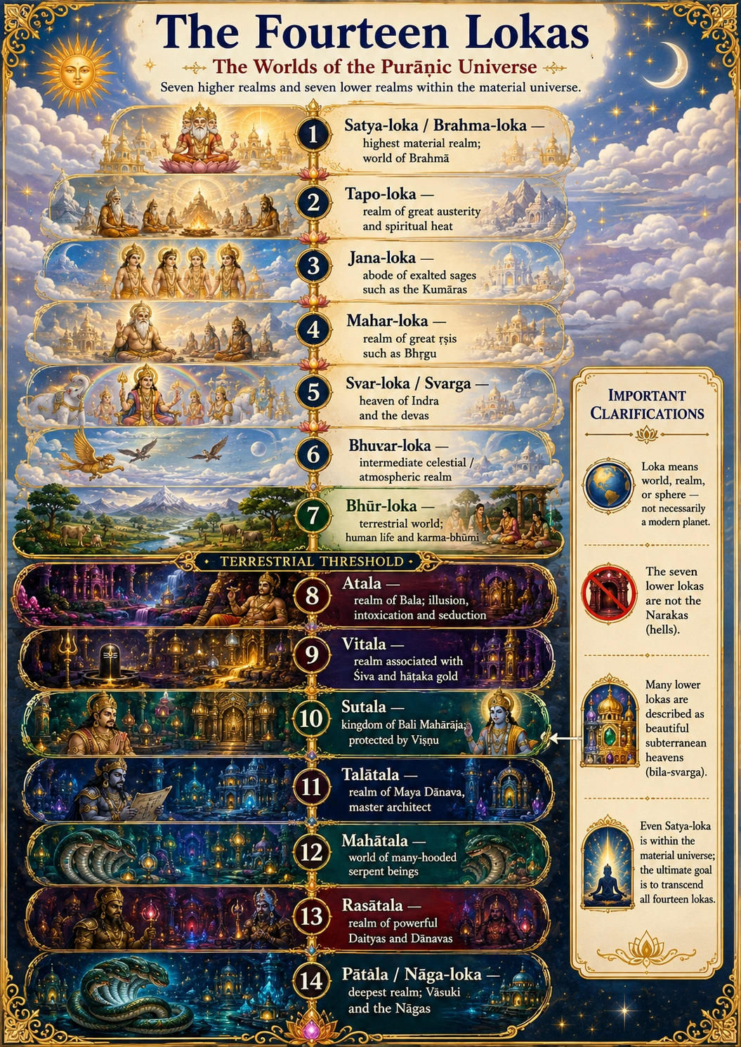 An illustrated chart titled The Fourteen Lokas, the Worlds of the Purāṇic Universe, numbering the realms 1 to 14 from Satya-loka at the top down to Pātāla at the foot, with a painted scene and a one-line description of the inhabitants of each. A terrestrial threshold divides Bhūr-loka from the subterranean seven, and a side panel of clarifications notes that loka means realm rather than planet, that the lower lokas are not the Narakas, that many are beautiful subterranean heavens, and that even Satya-loka lies within the material universe.