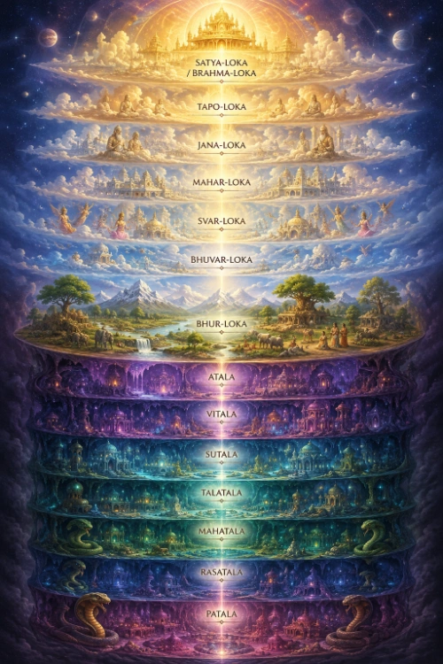 A vertical cutaway of the fourteen lokas: seven luminous cloud-borne realms rising from the green terrestrial world of Bhūr-loka through Bhuvar, Svar, Mahar, Jana and Tapo to the golden palace of Satya-loka at the summit, and seven jewelled subterranean levels descending below the earth through Atala, Vitala, Sutala, Talātala, Mahātala and Rasātala to Pātāla, where great hooded serpents keep watch. Each tier is labelled with its name.