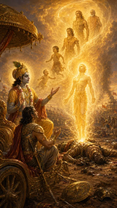 Kṛṣṇa explains to Arjuna on the chariot as a luminous figure rises from a fallen armoured body, while above them the same person ascends in succession as infant, child, youth and white-bearded elder.