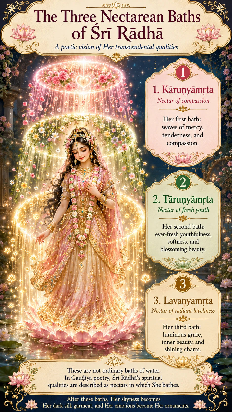 Infographic titled “The Three Nectarean Baths of Śrī Rādhā — a poetic vision of Her transcendental qualities.” Rādhā stands on a lotus beneath cascading showers of light, with three numbered panels: 1 Kāruṇyāmṛta, nectar of compassion, Her first bath in waves of mercy and tenderness; 2 Tāruṇyāmṛta, nectar of fresh youth, Her second bath of ever-fresh youthfulness, softness and blossoming beauty; 3 Lāvaṇyāmṛta, nectar of radiant loveliness, Her third bath of luminous grace, inner beauty and shining charm. A footer notes that these are not ordinary baths of water, and that afterwards Her shyness becomes Her dark silk garment and Her emotions become Her ornaments.
