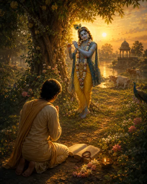 Kṛṣṇa stands beneath a flowering tree at sunset in a yellow dhotī, peacock crown and long flower garland, playing His flute. A devotee in saffron kneels before Him with head bowed and palms joined, an open manuscript, japa beads and a lit lamp on the ground. Cows graze beside a river and a peacock stands at the path’s edge, a domed pavilion beyond.