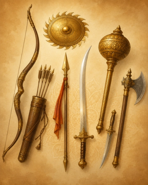Dhanurvedic weapons laid out on parchment — an ornate recurve bow, a quiver of arrows, a serrated golden discus, a spear with a red pennant, a curved sword, an ornate mace, a dagger and a battle-axe.